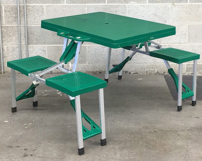 Vintage Folding Picnic Table Retro 1990s Camping Green Plastic Silver