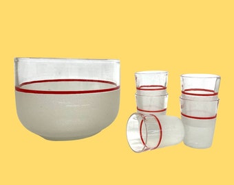 Vintage Ice Bucket and Shot Glass Set Retro 1970s Mid Century Modern + Frosted Glass + Red Stripe + Cocktail + MCM + Home and Bar Decor