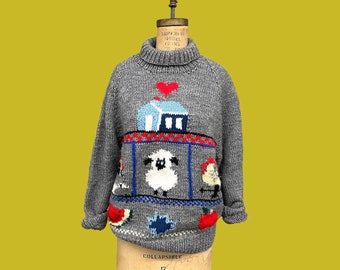 Vintage Sweater Retro 1980s Hand Made by Jean Stevens + Hand Knit + Cottagecore + Sheep + Chicken + Grey + Novelty Print + Womens Apparel