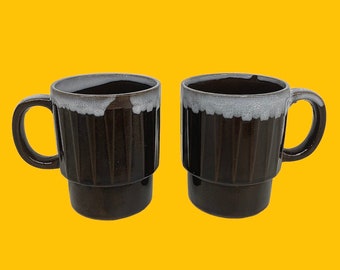 Vintage Mug Set Retro 1960s Mid Century Modern + Brown and White + Ceramic + Set of 2 + Ridged Design + Coffee or Tea + Japanese + Kitchen