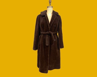 Vintage Coat Retro 1970s Peter Hahn + Llama Hair + Chocolate Brown + Teddy Coat + Knee Length + Cold Weather Apparel