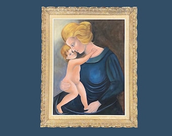 Vintage Portrait Painting 1970s Retro Size 29x23 Mid Century Modern + Mother + Child + Acrylic on Canvas + Ornate Wood Frame + MCM Wall Art
