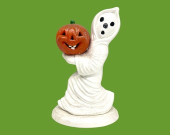 Vintage Ceramic Ghost Lamp Retro 1970s Atlantic Mold + Halloween + Ghost with Pumpkin + Jack-O-Lantern + Light Up + Spooky + Home Decor