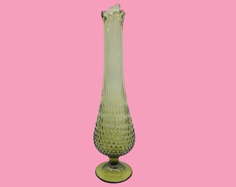 Vintage Fenton Swung Vase Retro 1960s Mid Century Modern + Colonial Green + Glass + 18.25" Tall + Hobnail + Footed + Home Decor + Decoration