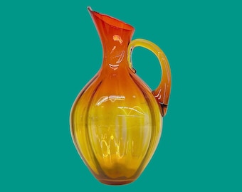 Vintage Blenko Pitcher Vase Retro 1960s Mid Century Modern + 991 + Tangerine + Amberina + Optic Art Glass + Handblown + Home Decor + Flowers