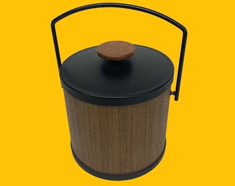 Vintage Ice Bucket Retro 1960s Mid Century Modern + Brown Wood + Black Metal + Large Wood Knob + Barware + Ice Storage + MCM Bar + Decor