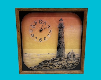 Vintage Wall Clock 1970s Retro Size 19x19 Coastal + Harris and Mallow + Thomas Industries + Lighthouse + Wood Box + Battery + Numbered Face