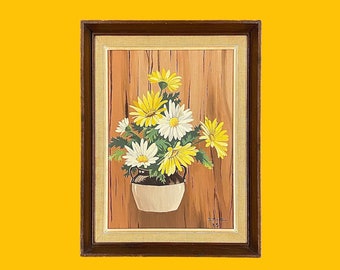 Vintage Flower Painting 1960s Retro Size 17x13 Mid Century Modern + Daisies + White + Yellow + Acrylic + Wood Board + D. Moore + Wall Decor