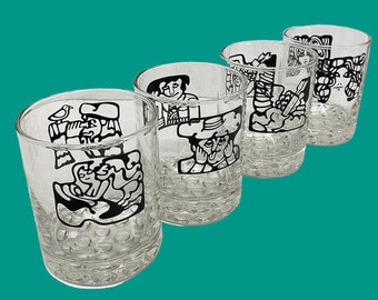 Vintage Whiskey Glasses Retro 1970s Mid Century Modern + Libbey + Faces + Double Sided + Clear Glass + Set of 4 + Pebbled Bottom + Barware