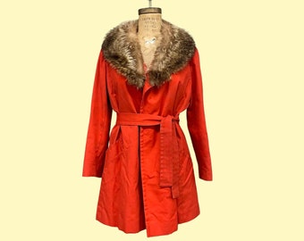 Vintage Coat Retro 1970s Main Street + Fashion Rain/Sun/Storm Coat + Penny Lane + Orange Red + Fur Collar + Waist Tie +  Womens Apparel