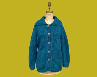 Vintage Cardigan Retro 1980s Hand Knit + Wool + Blue + Green + Button Down + Cozy + Womens Apparel + Fall Weather