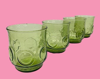 Vintage Water Tumblers Retro 1970s Mid Century Modern + Anchor Hocking + Heritage Hill + Avocado Green + Glass + Set of 4 + Drinking Kitchen