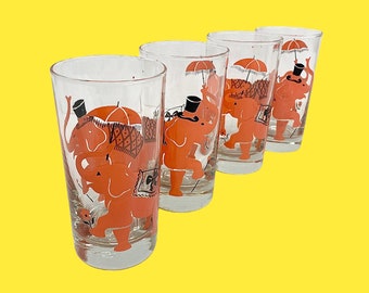 Vintage Drinking Glasses Retro 1960s Mid Century Modern + Libbey + Pink Elephants + Umbrellas + Clear Glass + Set of 4 + Water Tumblers