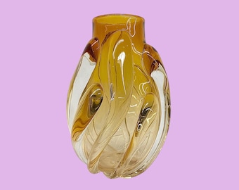 Vintage Donna Fein Vase Retro 1980s Contemporary + Art Glass + Hand Blown + Amber Yellow + Spiral Design + Modern Home Decor + Decoration