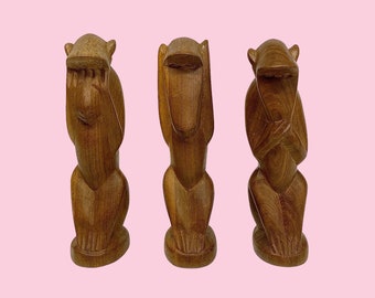 Vintage Monkey Figurines Retro 1990s African + See No Evil, Hear No Evil, Speak No Evil + Hand Carved + Wood + Set of 3 + Home Decor