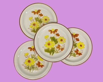 Vintage Dinner Plates Retro 1970s Mid Century Modern + Stoneware by Excel + Bonnie Fleur + 10.75" D + Floral Ceramic + Set of 4 + Kitchen