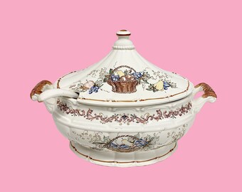 Vintage Soup Tureen with Ladle Retro 1970s Farmhouse Kitchen + Ceramic + Fruit and Floral Design + Fall Colors + Serving + Made in Japan