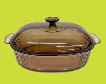 Vintage Vision Covered Roaster Retro 1980s Corning + Size 4 Liter + Amber Brown + Glass + Oval + Casserole with Lid + Cookware + Oven Ready