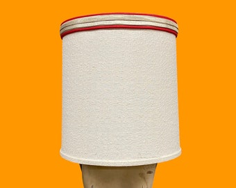 Vintage Lamp Shade Retro 1960s Mid Century Modern + XL Size + Barrel Shape + Off-White Fabric + Red + Gold Trim + Lighting + MCM Home Decor