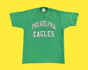 Vintage Philadelphia Eagles T-Shirt Retro 1980s Size XL + Kelly Green + Jerzees + Cotton + Polyester + Pullover + Crewneck + Footaball Tee