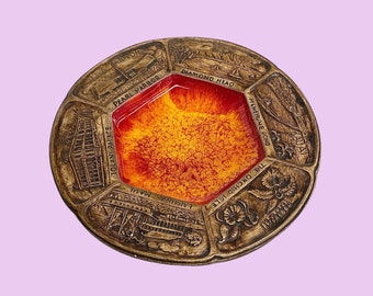 Vintage Treasure Craft Ashtray Retro 1960s Mid Century Modern + Hawaii Landmarks + Red Orange Ceramic + Round + Hexagon Interior + Storage