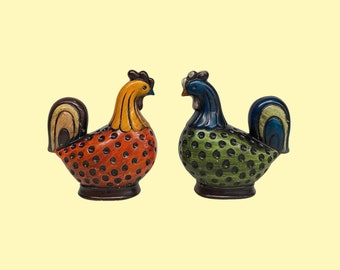 Vintage Homco Ceramic Roosters Retro 1960s Farmhouse + Figurines + Set of 2 + Chickens + Red and Blue + Home Decor + Made in Japan