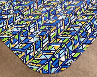 Vintage Bedspread 1970s Retro Size 110x90 Bohemian + Geometric Print + Blue, Green, Yellow, White + Rounded Corners + Bedding + Textile