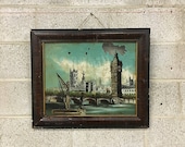 LOCAL PICKUP ONLY Antique Painting of London Retro Size 21x25 Hand-Painted Reverse Glass Art Westminster Bridge Framed Hanging Artwork