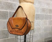 Vintage Tooled Leather Handbag Retro 1970 39 s Brown Black and White Asian Themed Top Handle Bag with Dragons and Quilted Details