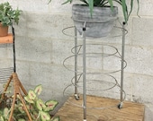 Vintage Plant Stand Retro 1960 s Silver Metal Rolling Cart or Stand Round Circular Wire Frame Wheeled Cocktail Bar Table Decor