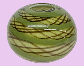 Vintage DS Vase Retro 1990s Contemporary + Green + Brown + Orb Shape + Art Glass + Handblown + Murano Style + Modern Home Decor + Decoration