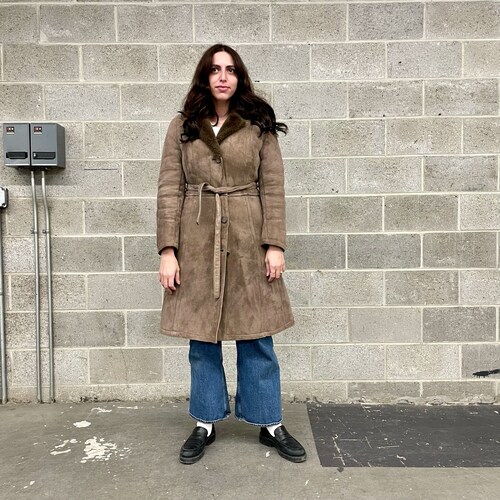 Vintage Coat Retro 1980s Suede + Faux Shearling Lining + Penny Lane shops + Almost Famous + Dusty Brown Grey + Waist Tie + Womens Apparel