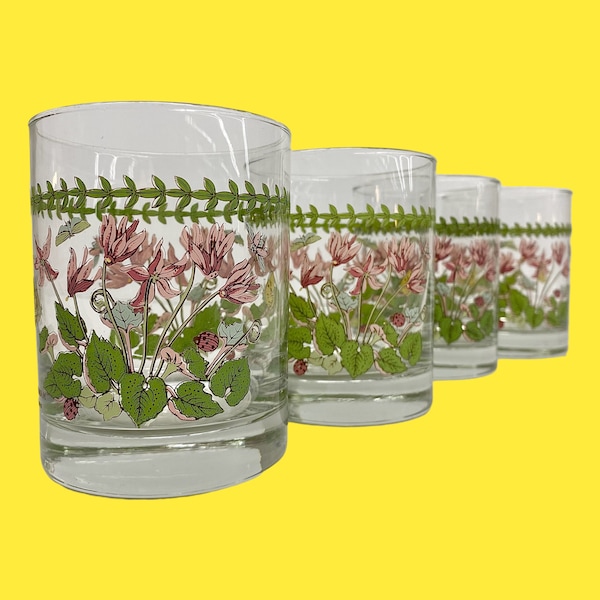 Vintage Portmeirion Whiskey Glasses Retro 1980s Farmhouse + Botanic Garden + Cyclamen Flowers + Glass + Set of 4 + Old Fashioned + Barware