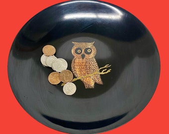 Vintage Couroc Bowl Retro 1970s Mid Century Modern + Owl on Branch + Monterey CA + Black Resin + Inlaid Design + Shallow Round + Home Decor