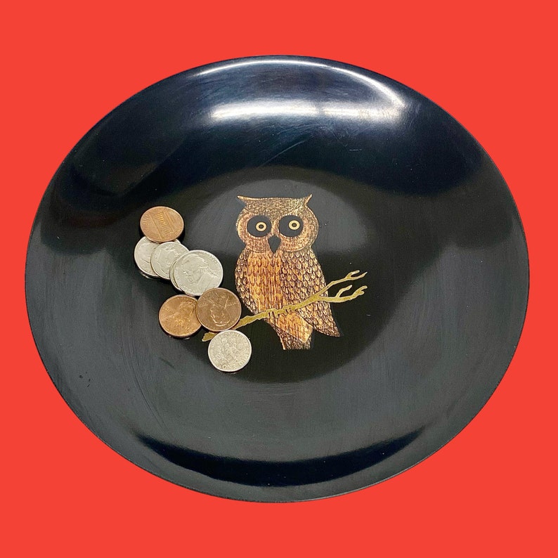 Vintage Couroc Bowl Retro 1970s Mid Century Modern Owl on Branch Monterey CA Black Resin Inlaid Design Shallow Round Home Decor image 1