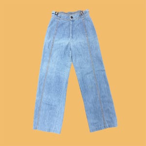 Vintage Levi&#39;s Jeans Retro 1970s Orange Tab + 29&quot; Waist + Wide Leg + High Waisted  + Side Buckles + Vertical Seams + Light Wash + Womens