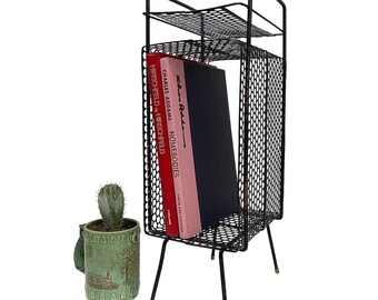 Vintage Richard Galef Phone Table Retro 1960s Mid Century Modern + Black Metal + Perforated + Small Side Table + MCM Furniture with Storage