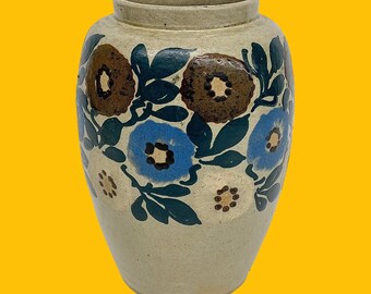 Vintage Vase Retro 1960s Farmhouse + Country + Ceramic + Beige + Blue/White/Brown Flowers + Home Decor + Flower Display + Made in France