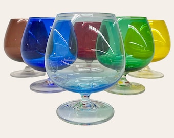 Vintage Cocktail Glasses Retro 1960s Mid Century Modern + Colored Glass + Set of 6 + Cognac + Snifter + Brandy + Bar + Rainbow + MCM Barware