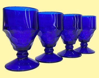 Vintage Viking Goblets Retro 1970s Mid Century Modern + Cobalt Blue Glass + Georgian Thumbprint + Set of 4 + Pedestal Base + Kitchen + Drink