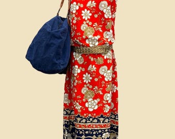 Vintage Floral Maxi Dress 1960s Mid Century Modern + Honeycomb + No Size Tag + Polyester + Red/Blue + Cap Sleeve + Mandarin Collar + A-line