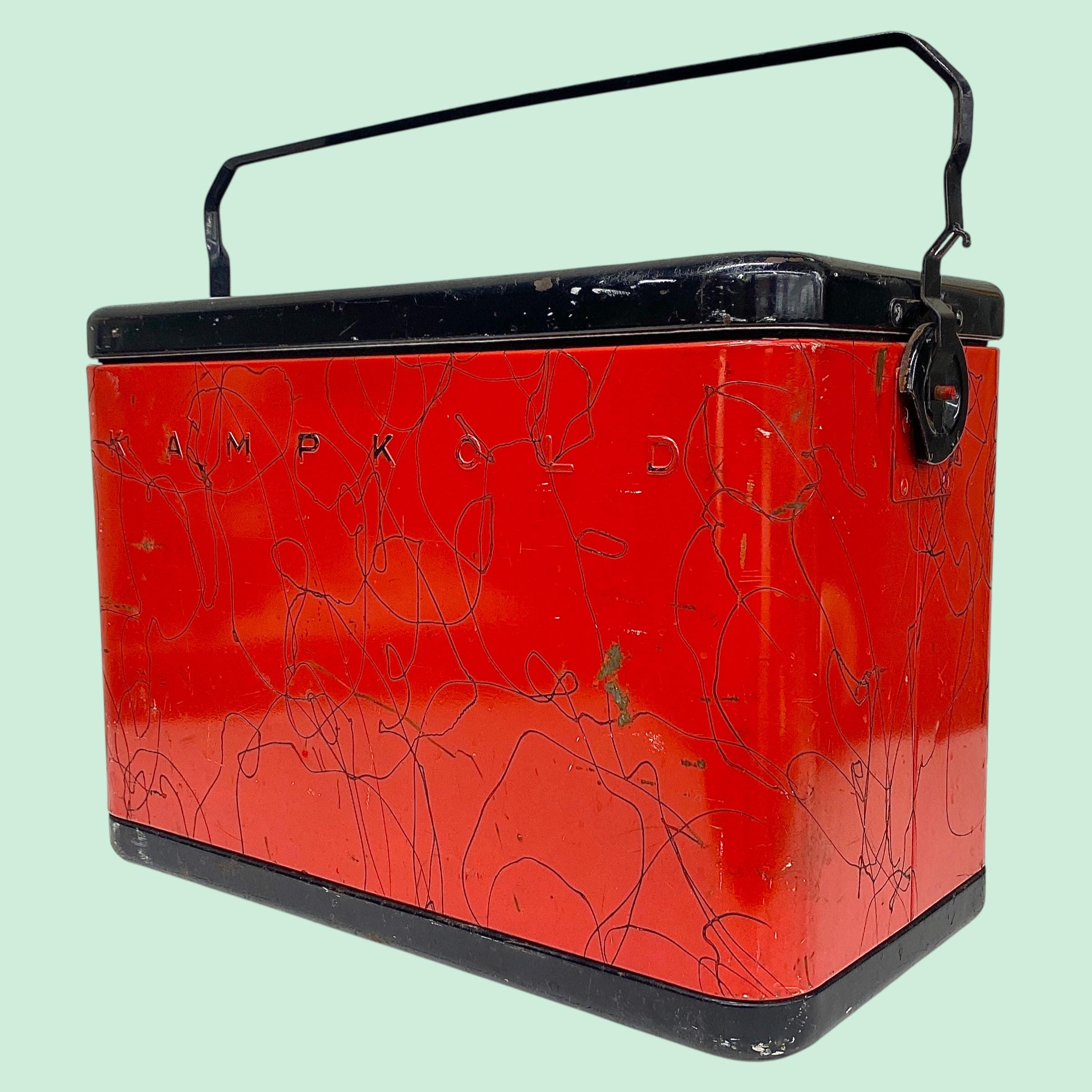 Vintage Kampkold Cooler Retro 1950s Atomic + Red and Black + Metal + Top Handle + Outdoor Fridge + Insulated Box + Keep Food/Drinks Cool