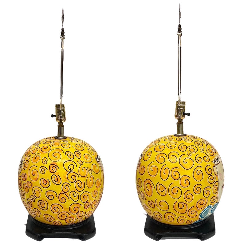 Vintage Table Lamp Retro 1960s Mid Century Modern Ceramic Round Orb Hand Painted Double Faces Contemporary Mood Lighting Decor image 5