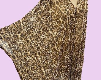 Vintage Adrienne Landau Kaftan Retro 2000s Y2K + 100% Silk + Leopard Print + Sheer Pullover + Resort Wear + Beach Coverup + Womens Fashion