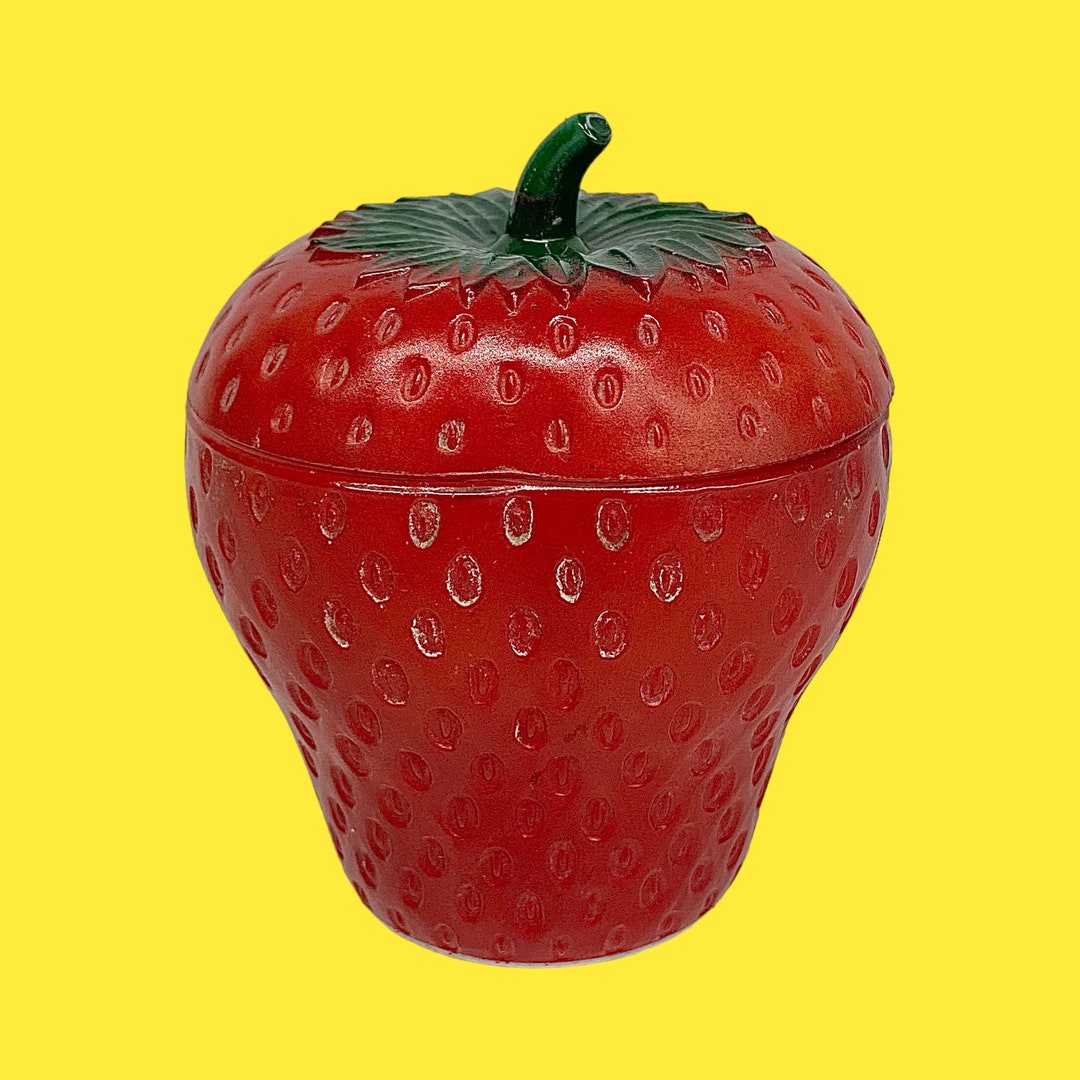 Vintage Strawberry Jar Retro 1940s Farmhouse Hazel Atlas Milk Glass Red and Green Fruit Decor