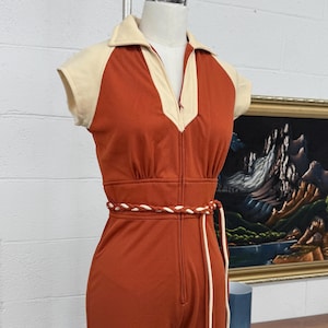 Vintage Jumpsuit Retro 1970s Womens + Size 11 + Burnt Orange + Cream + Cap Sleeves + Zip Up + Bell Bottom + Roller Girl + Disco + One Piece