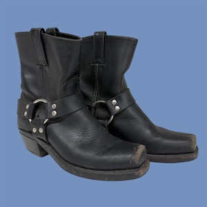 Vintage Frye Boots Retro 2000s Womens Footwear + Size 7.5 + Harness + Style 77455 + Black + Leather + Square Toe + Silver Metal + Motorcycle