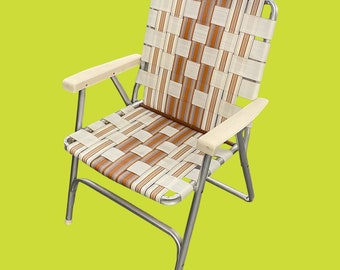 Vintage Lawn Chair Retro 1980s Outdoor/Patio Seating + Cream/Brown/Blue + Webbed Straps + Silver Aluminum Frame + Plastic Armrests + Fold Up