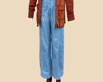 Vintage Levi's Jeans Retro 1970s Orange Tab + 29" Waist + Wide Leg + High Waisted  + Side Buckles + Vertical Seams + Light Wash + Womens