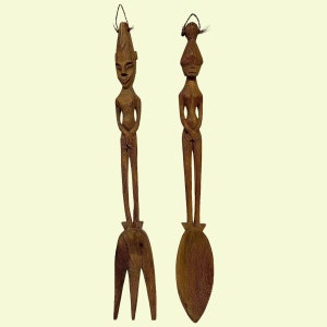 Vintage XL Fork and Spoon Wall Decor Retro 1960s Mid Century Modern African 30.5 H Brown Wood Hand Carved MCM Kitchen Oversized image 1